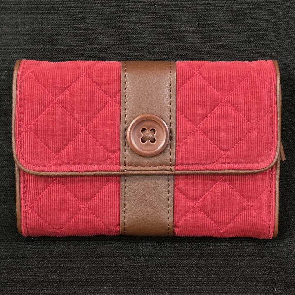 Vintage Vera Bradley Tri Fold Wallet Red Corduroy Brown Leather